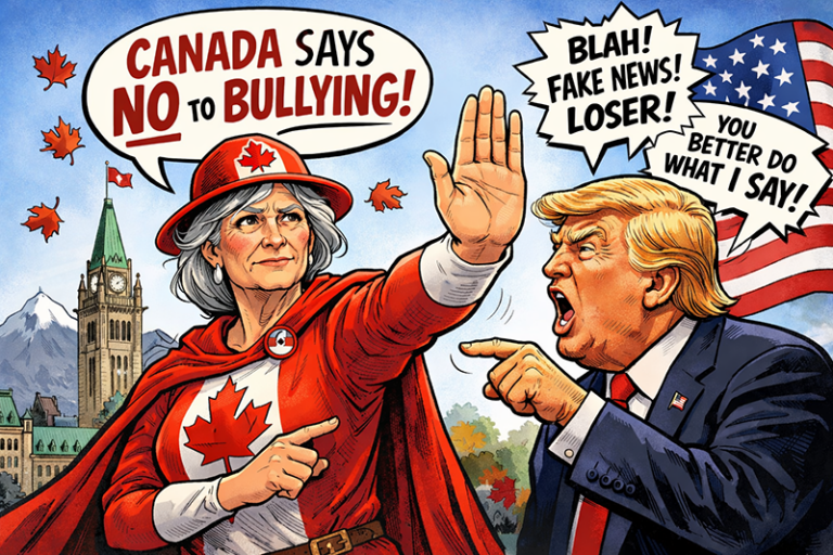 Older woman wearing Canadian clothing holds up hand and says no but bullying