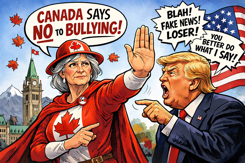 Older woman wearing Canadian clothing holds up hand and says no but bullying