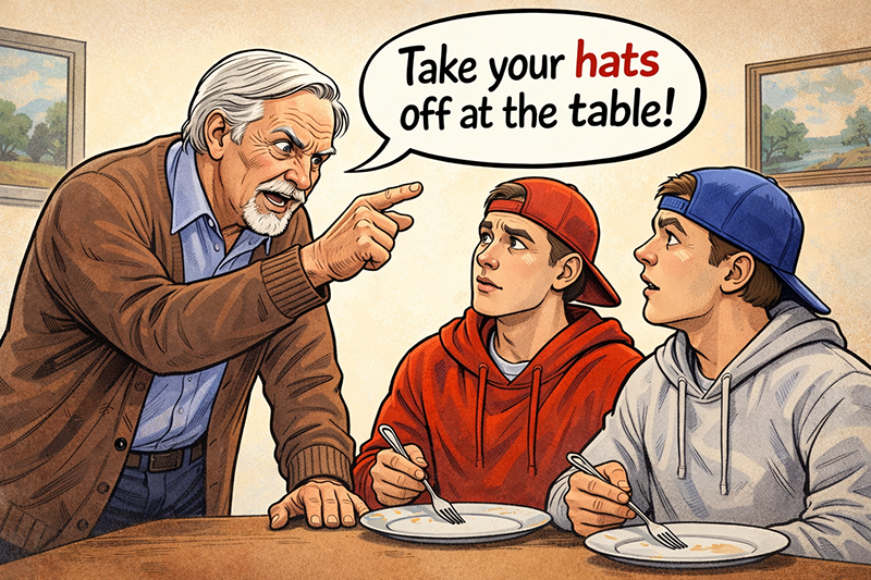 Older Man telling two teenage boys to remove their hats while sitting at the table.