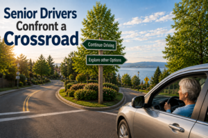 Senior Drivers Confront a Crossroad. Woman in car considers two options.