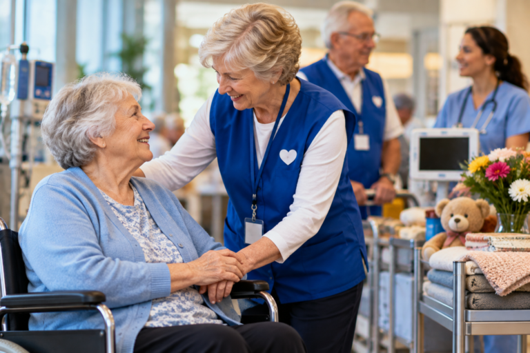 Hospital Auxiliaries are vital partners in health care funding. A volunteer lady speaking with an elderly woman in a wheelchair