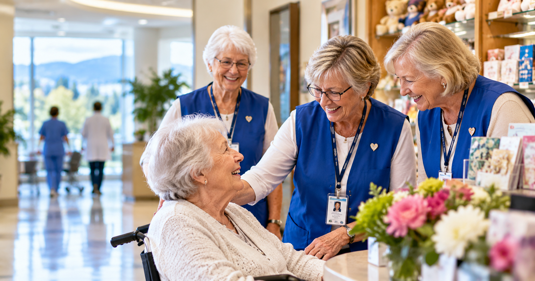 Three Hospital Auxiliaries Volunteers Supporting Elderly Patient